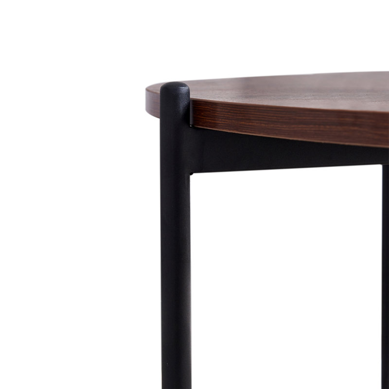 Table basse ronde moderne, structure en métal noir avec plateau en noyer - 36 po