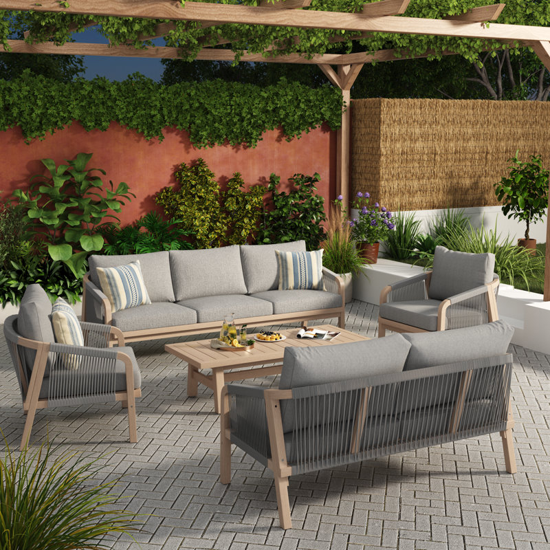 Felsenthal 7-Person Outdoor Acacia Wood Conversation Set With Cushions And Table