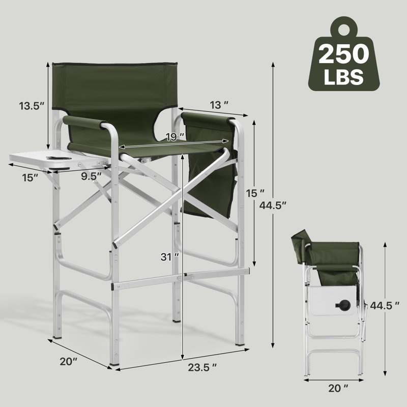 31" Seat Height Tall Folding Camping Chair Directors Chair Foldable Bar Stool with Cup Holder, 250 lbs Capacity, Dark Green
