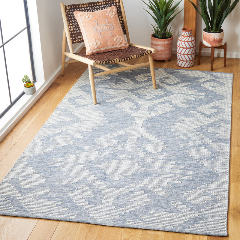 Blue and Ivory Flat Woven Wool Cotton 8' x 10' Rug