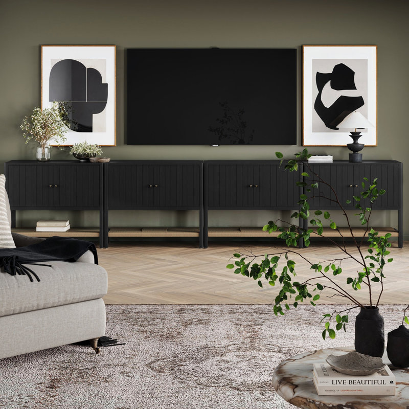 Armoire d'appoint en bois ou meuble télé avec rangement en ruppie maritime ouverte, Noir