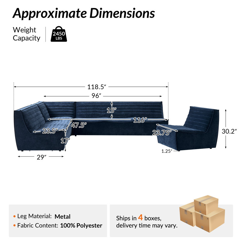 Jacinto 118.5" W Modern Sectional Sofa, Blue Polyester Blend
