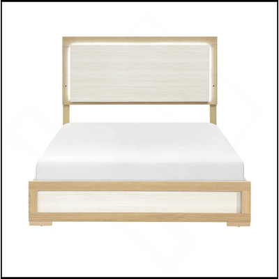 Contemporary Natural And White Finish Bed LED Panel Headboard Wooden Bedroom Furniture 1Pc