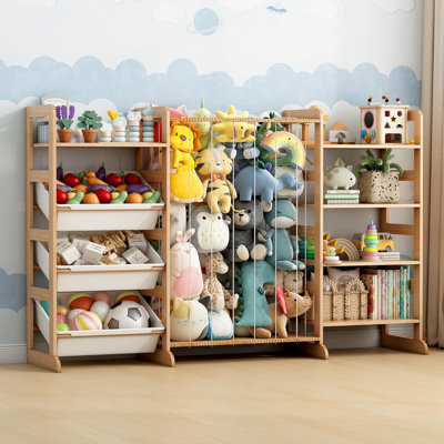 Organisateur de rangement de jouets 3 en 1 avec rangement pour animaux en peluche, 5 étagères et bibliothèque pour enfants en pin massif, 3 bacs amovibles, conception anti-déversement, zoo pour animaux pour chambre d'enfant, salle de jeux, chambre de bébé