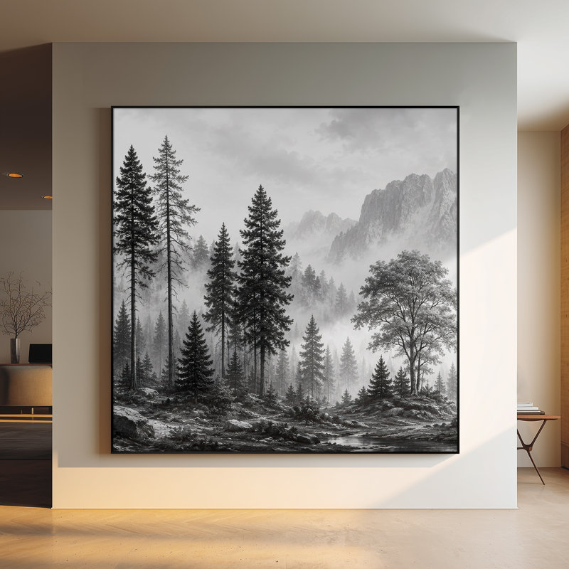 Très grand art mural imprimé sur bois - Forêt de pin brumeux noir rustique - "Assemblage requis (cadre non fini)"