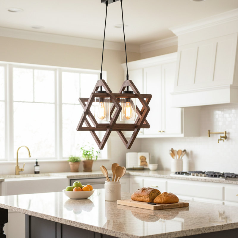 Lustre géométrique à hauteur réglable en bois 2 lumières