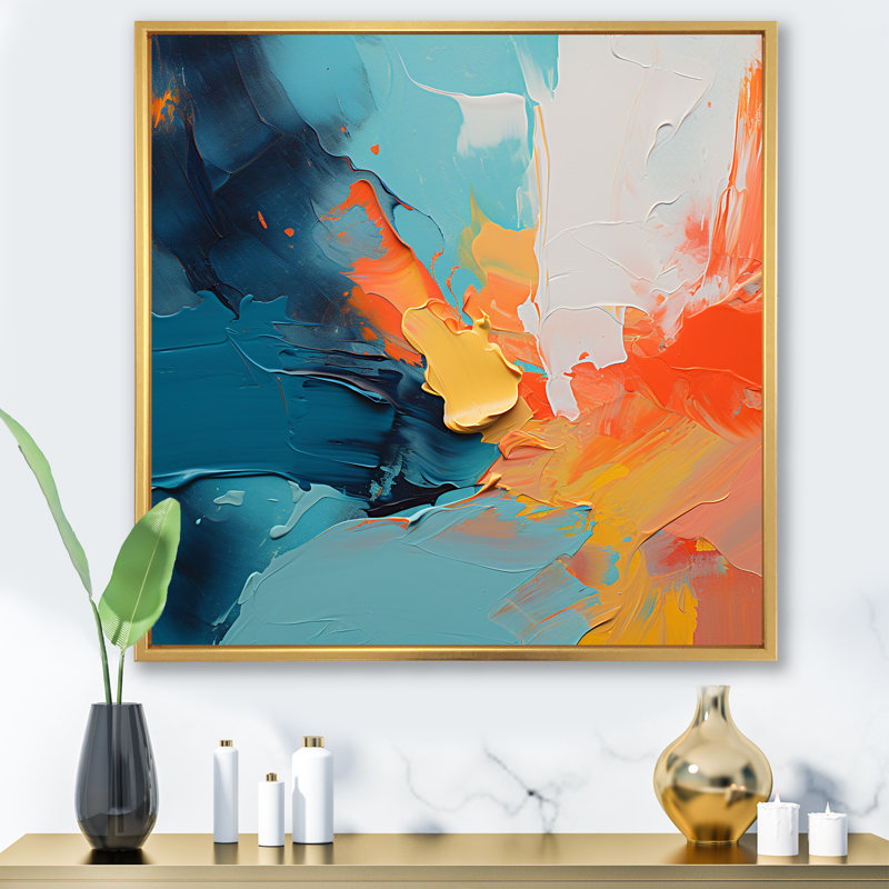 «Blue and Orange Paint Abstract Expression 1», art mural abstrait, H 16 po x l 16 po x P 1 po, Cadre flottant doré