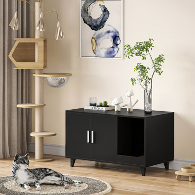 Hidden Cat Litter Box With Scratch Pad, White Particle Board Main Material, 33.5"l Overall Size, Inner Compartment Fits Most Boxes, - Surface, 120 Lbs