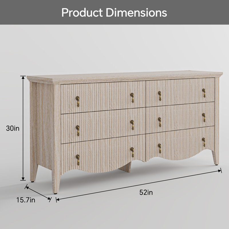 Avenall 6-drawer Double Dresser With Fluted Design, Vintage Wide Chest Of Drawers With Scalloped Base, Organic Modern Storage Cabinet For Bedroom, Nature Oak