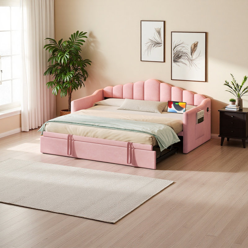 Upholstered Twin Size Daybed With Adjustable Height Pop Up Trundle Twin Bed And USB & Type-C Charging Port, Day Bed Frame With 2 Side Pockets, No Box-Spring Needed