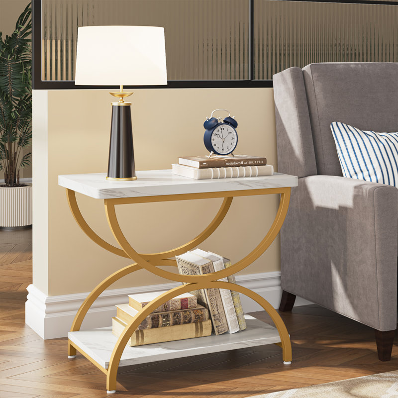 Table de bout avec rangement Jen, Blanc / Doré, 1