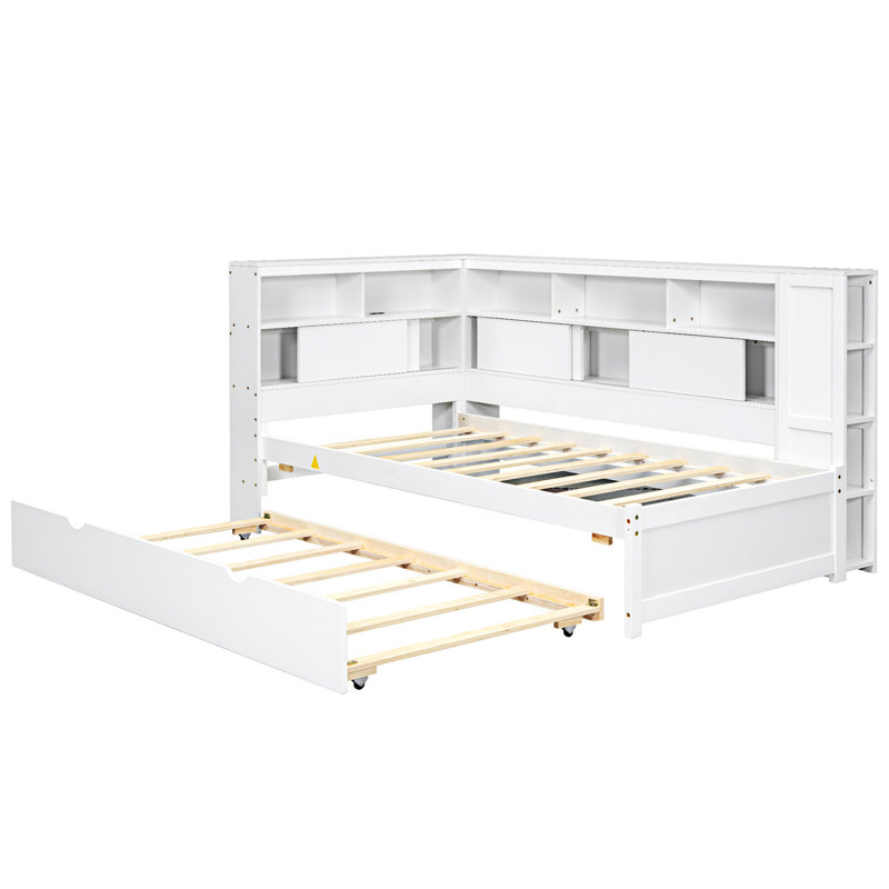 Lit de jour en bois avec tablettes de rangement, Blanc