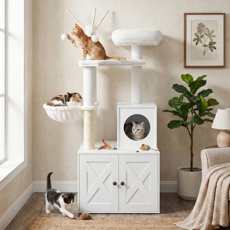 Arbre à chat 55,1 po avec bac à litière, Blanc
