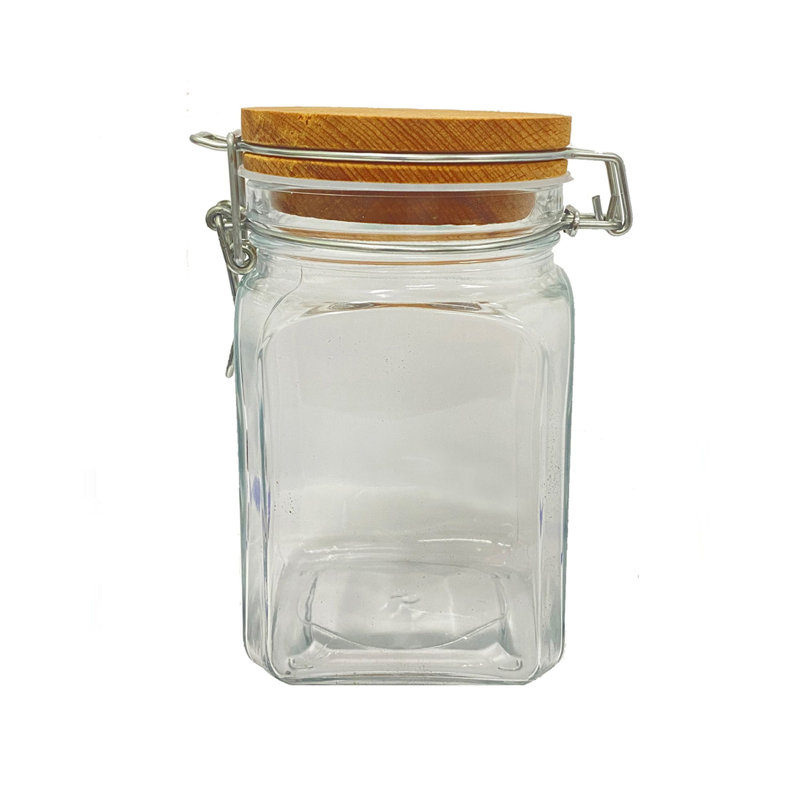 Premium 100% Glass Storage Jar with Wooden Lid, 6.5 x 3.7 x 3.7 inches | Elegant Natural Design, Ideal for Kitchen Organization & Home Decor | Not Dishwasher or Microwave Safe, Durable & Stylish