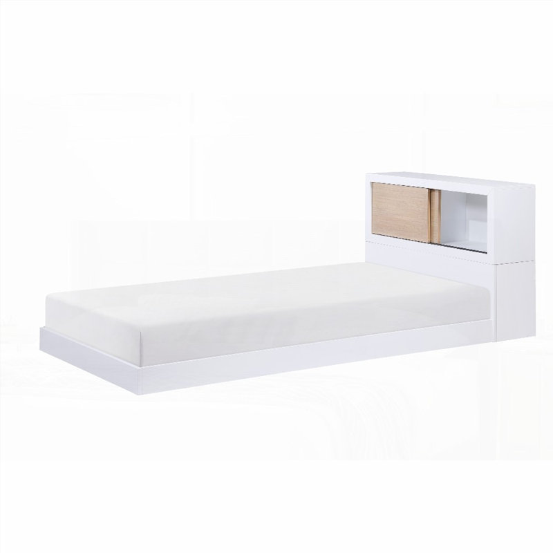 Lit simple blanc avec tête de lit à bibliothèque coulissante - Aucun sommier requis, durable