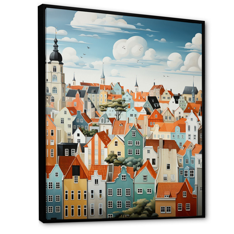 Collage de toits écarlates Elyx Danemark IV, H 20 po x l 12 po x P 1 po, Cadre flottant noir