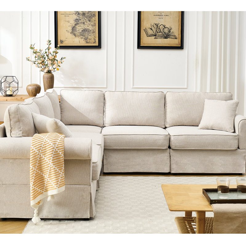 Canapé modulaire à 5 places en L beige avec revêtement en tissu doux et base en lin beige, Polyester beige