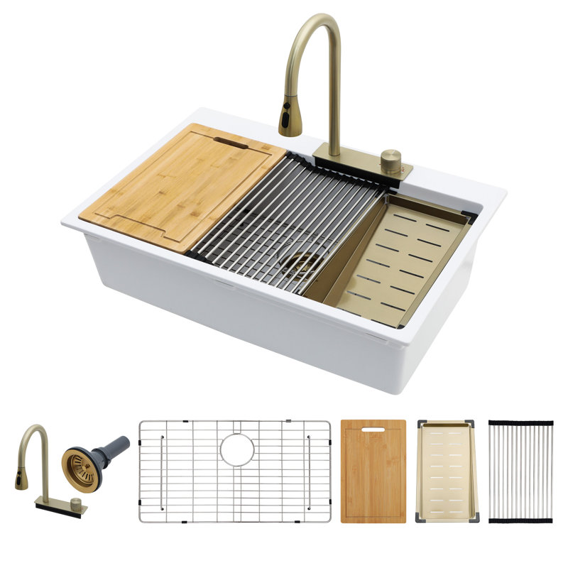 Évier de cuisine 33 po en granite avec robinet cascade, Blanc