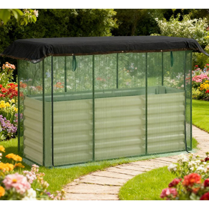 Galvanized Steel Planter Box,Crop Cage and Shade Cloth with Raised Garden Bed, Beige, 43.3" H x 72.8" W x 25.6" D