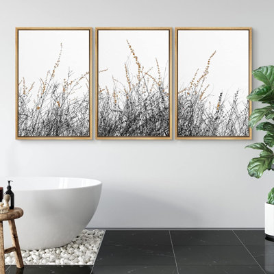 Minimal Botanical Black and White Wild Grass Field Neutral Floral Botanical Framed On Canvas 3 Pieces Print Wall Art