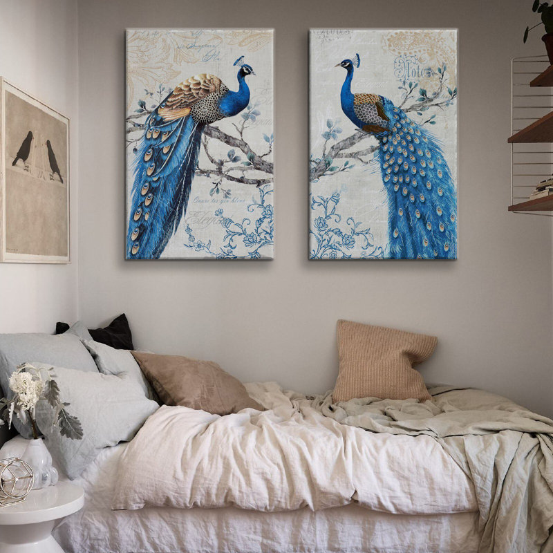 Paon sur une branche, impression sur toile 2 pièces, H 28 po x l 40 po