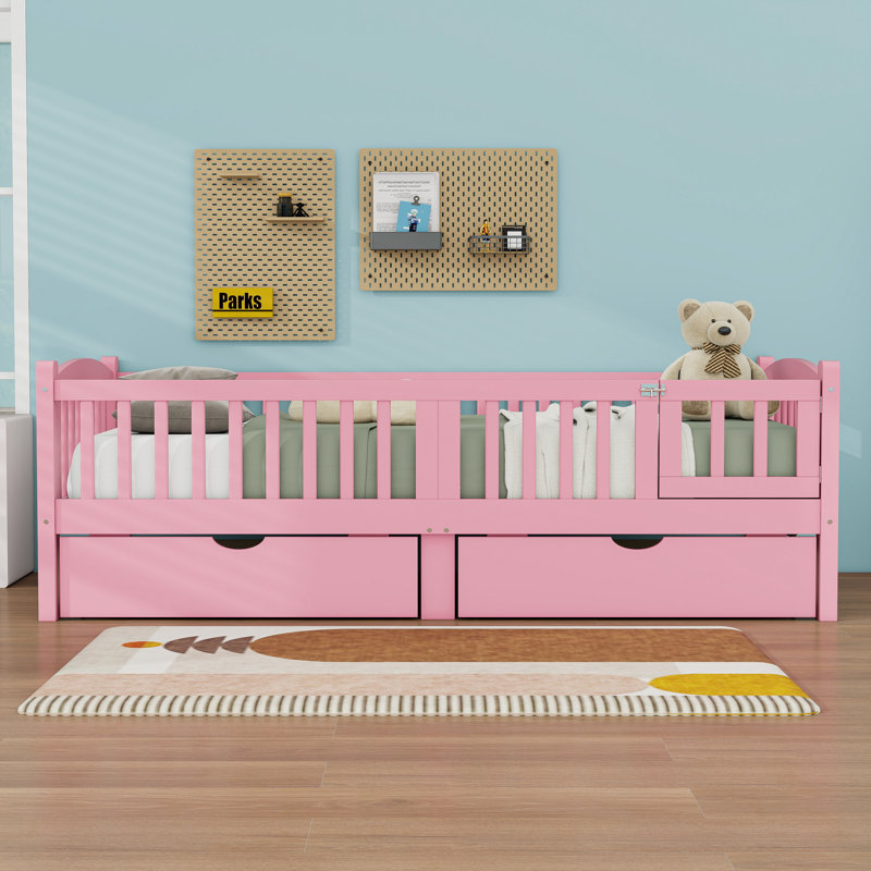 Lit plateforme en bois pour enfants avec garde-corps et 2 tiroirs, Simple très long, Rose