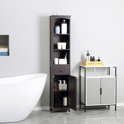 Tall Linen Tower With 3-Tier Shelves And Drawer