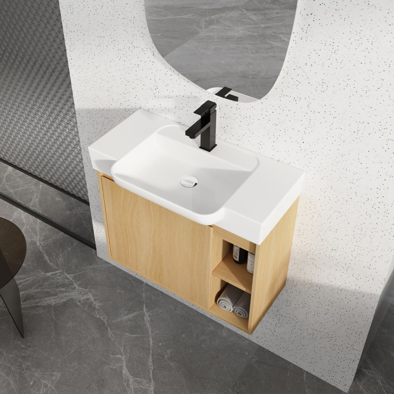 Meuble-lavabo de salle de bain avec lavabo en céramique blanc, armoire de salle de bain murale avec porte à fermeture en douceur et tablette de rangement ouverte pour les petits espaces