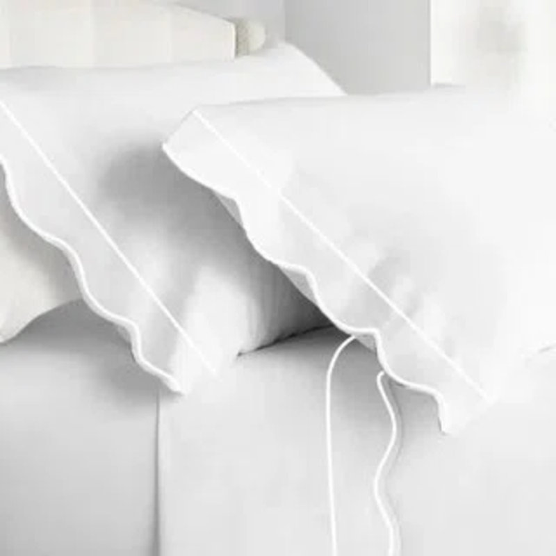 400TC Cotton Scallop Embroidery & Border Cotton 4 Piece Sheet Set Fitted Sheet Fits Upto 16" Deep Pocket, White Border