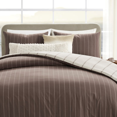 DKNY PURE Hudson Stripe Reversible Duvet Set, King, Soft Brown