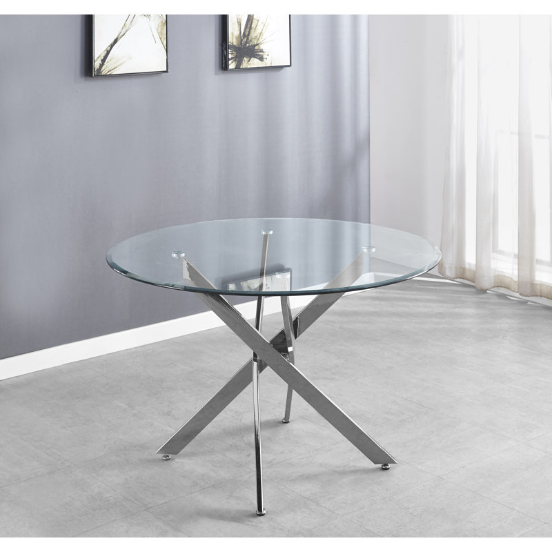 Tierra Modern Chrome Metal & Glass Round Dining Table Set with 6 Modern Faux Leather Chairs, White
