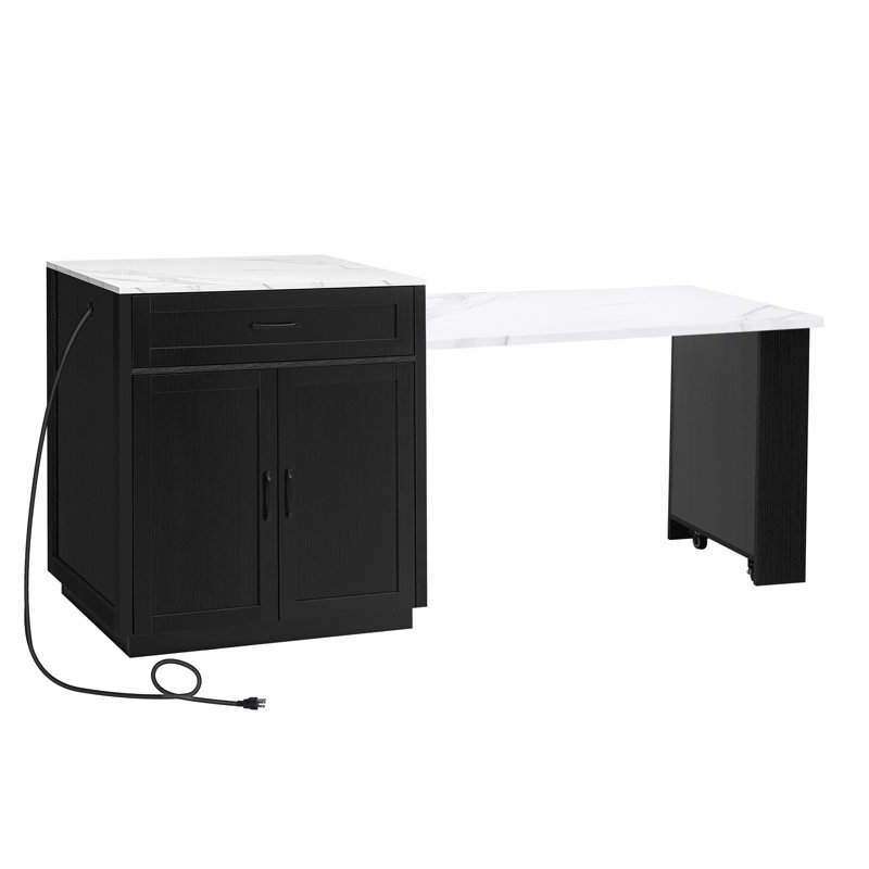 Îlot de cuisine de 82,7 pouces avec table de salle à manger extensible pour 4 à 6 personnes, table de cuisine avec rangement double, prise de courant, îlot de cuisine avec rangement 2 tiroirs et 2 tablettes latérales ouvertes
