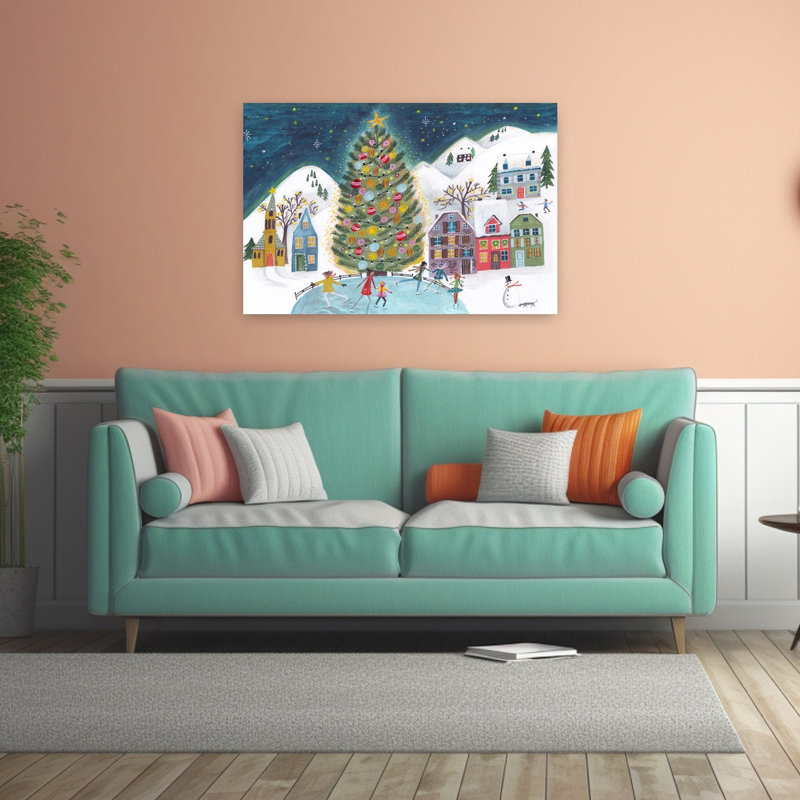 Christmas Village In The Snow Abstract Contemporary Christmas Tree Landscape Winter Wall Art Print 1 Piece Wrapped Canvas Wall Art