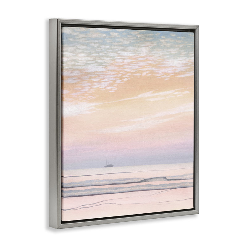«Orange Sunrise & Boat», art mural encadré par William Penhallow Henderson, Cadre flottant gris lustré, H 31 po x l 25 po