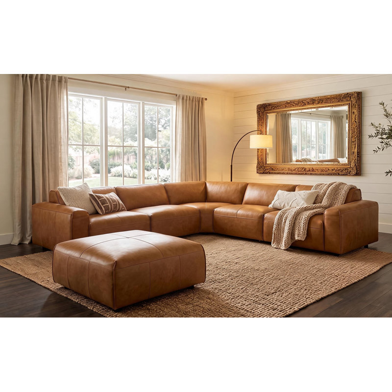 Fernagh Top Grain Leather Corner Sectional with Ottoman Saddle, Saddle Brown Genuine Leather