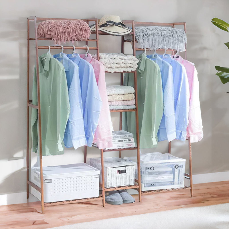 130cm Bamboo Open Wardrobe Garment Rail With Storage Shelves
