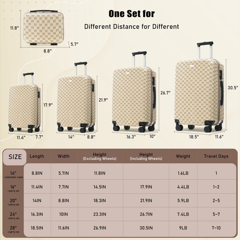 Ensemble de 6 valises rigides avec serrure TSA, valise à roulettes en ABS 14/16 / 20/24/28 pouces avec sac de voyage extensible, roulettes lisses à 360 °, poignée réglable