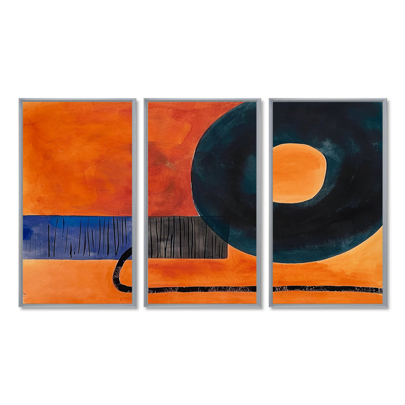 Retro Dada, peinture, orange, noir, ensemble d'art abstrait mural, Encadrement argenté, H 40 po x l 60 po x P 1 po