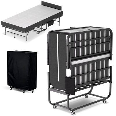 75" x 38' Inch Folding Bed with Adjustable Headboard, Extra Long Rollaway Bed with 5" Memory Foam Mattress, Portable Guest Bed on Wheels, Heavy Duty Metal Frame