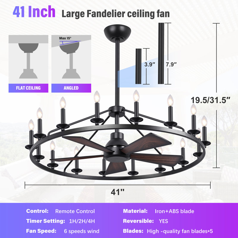 41" Wagon Wheel Chandelier with Fan, Black