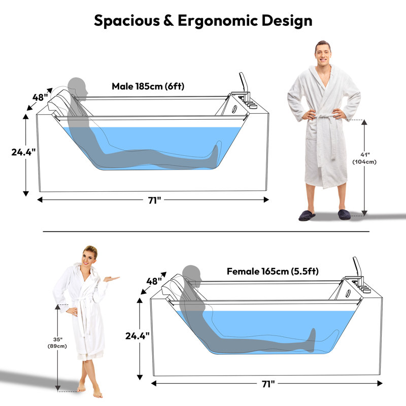 71 in. x 48 in. Whirlpool Air Combination Bathtub, Rectangular Lighted Thermostatic Bath Tub, with Right Drain, in White