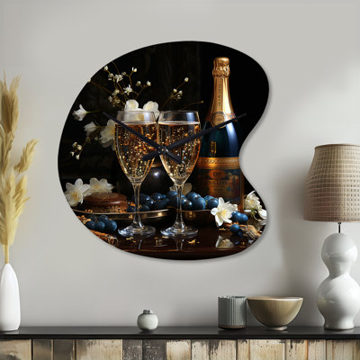 Champagne Bubbly Grapes I - Yellow Unique Shape Metal Wall Clock, Traditional Asymmetrical Clock Print