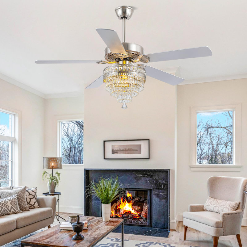 Ventilateur de plafond 52 "/ 62" en cristal Fandelier avec lumières et télécommande, Argent, 52"