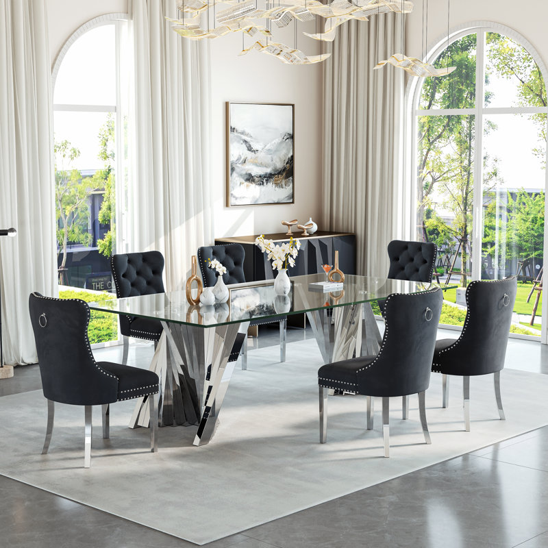 Ensemble de salle à manger pour 6 personnes, Argent argent, Noir / argenté