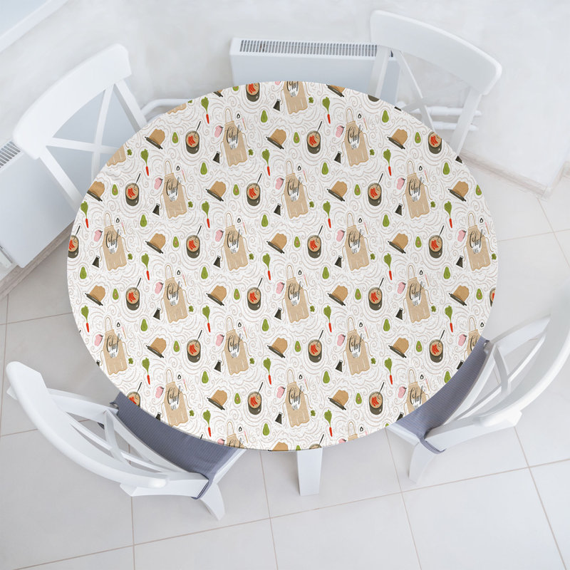 East Urban Home Cooking Fitted Round Tablecloth Pale Mustard Scarlet Gray, 51.97" Round