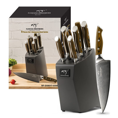 9PCS Damascus Knife Set with Block, G10 Handle Black