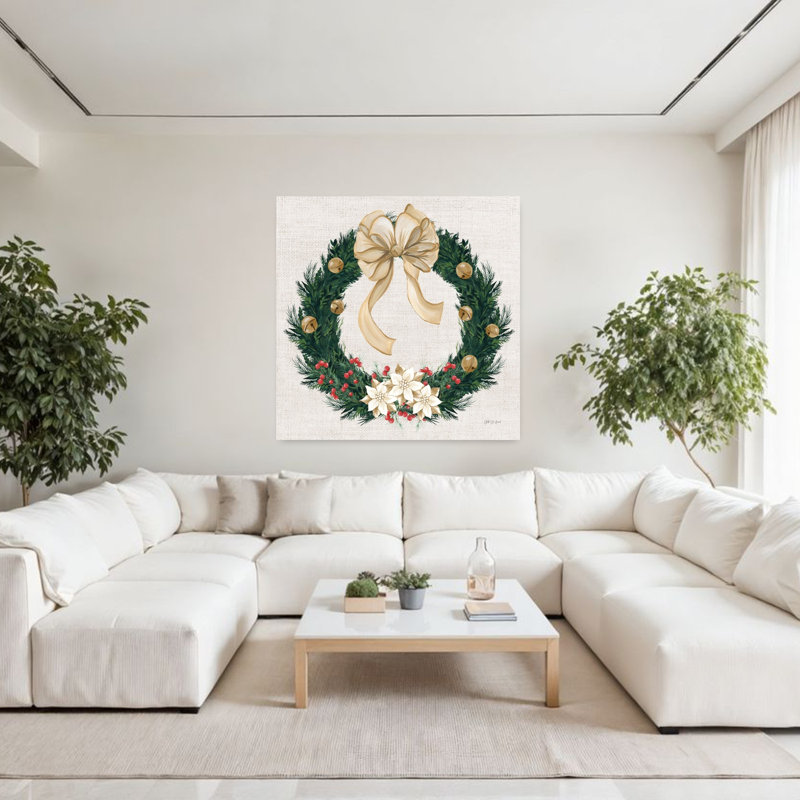 Art contemporain ivoire de Noël à feuilles persistantes avec baies en forme de clochettes, H 48 po x l 48 po