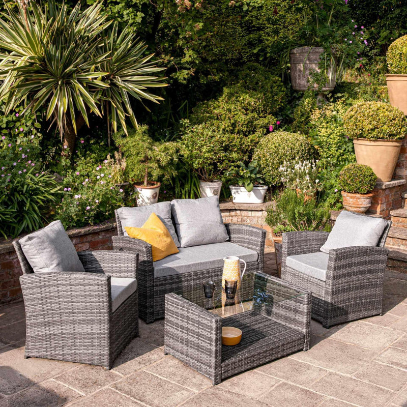 Colvin All Weather Wicker/Rattan 4 - Person with Cushions & Parasol, Grey