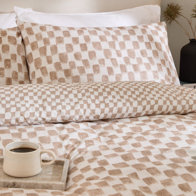 Nyhavn Cotton Blend Chequered Duvet Cover Set with Pillowcases Included, King Duvet Cover + 2 Standard Pillowcases, Brown