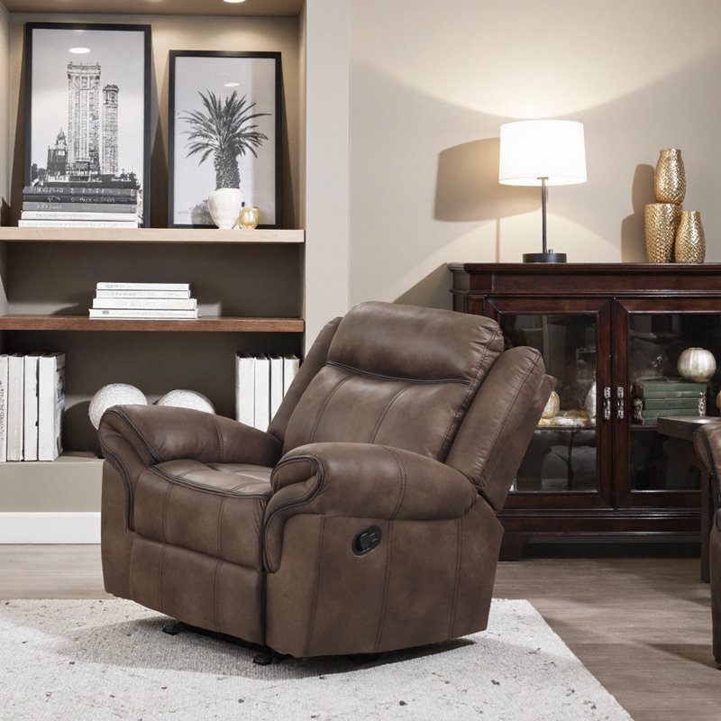 Plush Transitional Glider Recliner with Pillow Top Arms & Solid Wood Base – Manual Recline & Glide